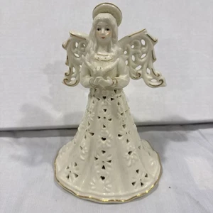 Dolgencorp 8" Tall Off White Porcelain Angel Holding Dove Trimmed in Gold - Picture 1 of 24