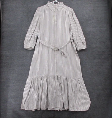 Vestido Max Studio Feminino XL Bege Listrado Camisa Manga Longa Babado Gola - Imagem 1 de 4