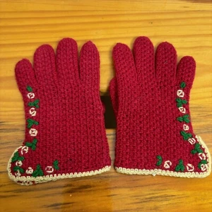 Antique Vintage Handmade Red Embroidered Wool Gloves Toddler Preschooler Size - Picture 1 of 7