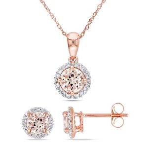 Amour 10k Rose Gold Morganite and Diamond Halo Necklace and Stud Earrings Set - Picture 1 of 4