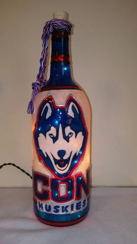 Uconn Huskies Inspired Handpainted Lighted Wine Bottle Stained Glass Look Cover