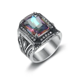 Colorful Imitation Gemstone Ring Stainless Steel Vintage Silver Men Biker Gothic - Picture 1 of 10