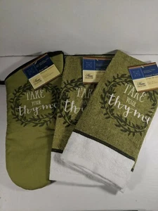 3 Pc Take Your Thyme Towel Kitchen Oven Mitt Set - Picture 1 of 3
