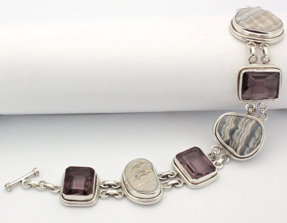 .925 STERLING SILVER GENUINE AMETHYST & SEA SHELL set in BRACELET FREE SHIPPING! - Image 1 of 4