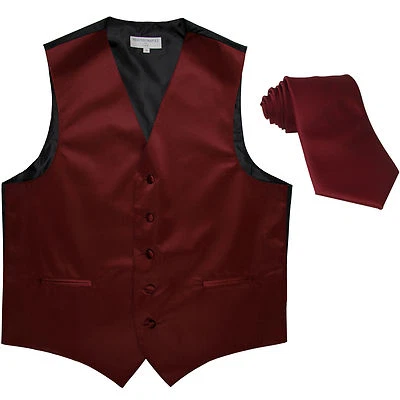 New Men's Formal Tuxedo Vest Waistcoat_Necktie solid burgundy wedding prom party - Image 1 of 3