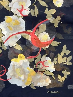 Vintage CHANEL Silk Square Scarf Large Black Multicolor White Roses Red CC - Image 1 of 4