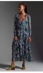 ABITO MAXI CHIFFON STAMPATO ANTHROPOLOGIE THE MARAIS acquerello viola taglia MP - Foto 1 di 4