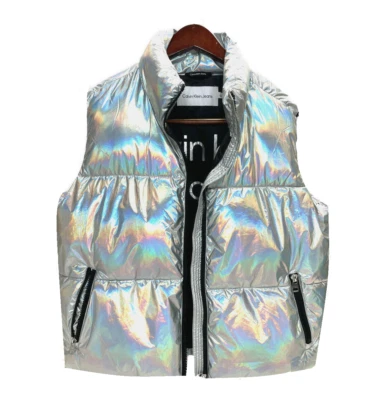 $149 Calvin Klein Iridescent Puffer sleevless  Zipper Vest , Silver , Medium - Image 1 of 4