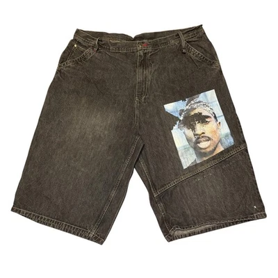 复古 Y2K Jorts 男式 42x15.5 Makaveli Tupac Shakur Rap HipHop Baggy 2000s 罕见 — 第 1/4 张图片