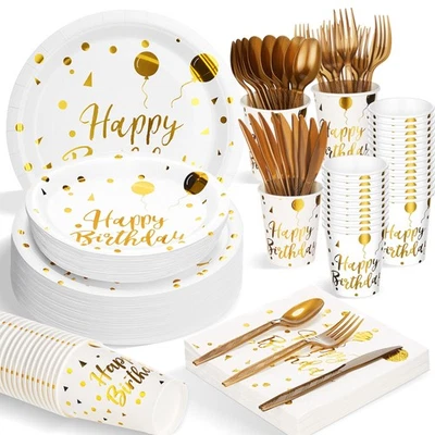 400 Piezas Platos y Servilletas Feliz Cumpleaños Suministros de Fiesta Blanco y Dorado Nacimiento... Foto 1 de 4