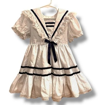 Vtg Mini World, Inc. Blue Polka Dot White Dress Sz 4 Utah Made In USA Pageant - Image 1 of 4