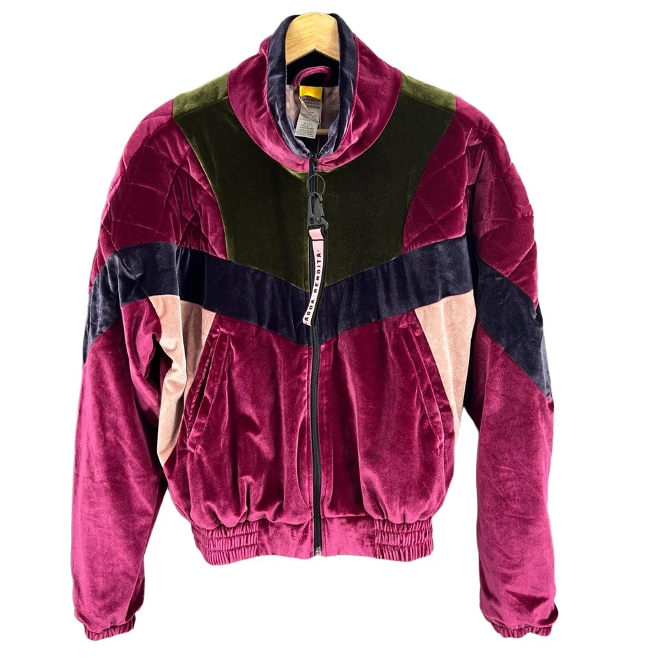 Agua Bendita Jacket Dark Pink Quilted Velour Colorblock Retro Zipper Medium New - Image 1 of 4