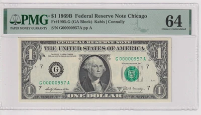 **LOW SERIAL No** Fr 1905-G 1969B $1 FRN G00000957A PMG 64 CHICAGO 1969-B - Image 1 of 2