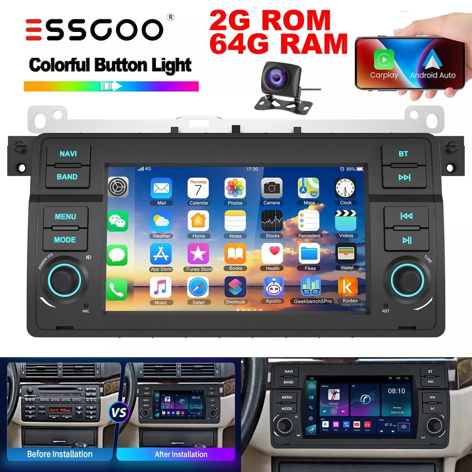64G CarPlay Android 14 Coche Estéreo Radio GPS Unidad Principal AHD Para BMW Serie 3 E46 Foto 1 de 4