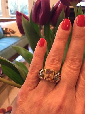 NUEVO "inspirado en el diseñador" Topacio Ámbar Circonita cúbica Anillo de Cóctel con 2 Tonos Detalle Talla 7 Foto 1 de 4