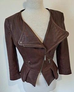 KAREN MILLEN - Dark Brown 100% Real Leather Peplum Waist Zip Up Jacket - Size 12 - Picture 1 of 22