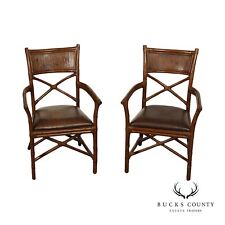 Vintage Rattan and Embossed Leather Pair Armchairs