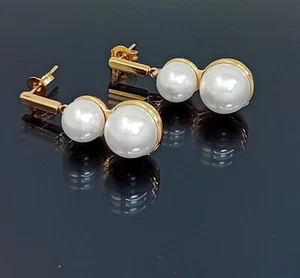 18K Gold Filled Stunning Italian Simulated Pearl 18ct GF Drop Earrings 30mm - Picture 1 of 9