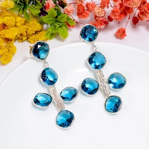 London Blue Topaz Gemstone Handmade 925 Sterling Silver Earrings 2.3" d313 - Picture 1 of 5