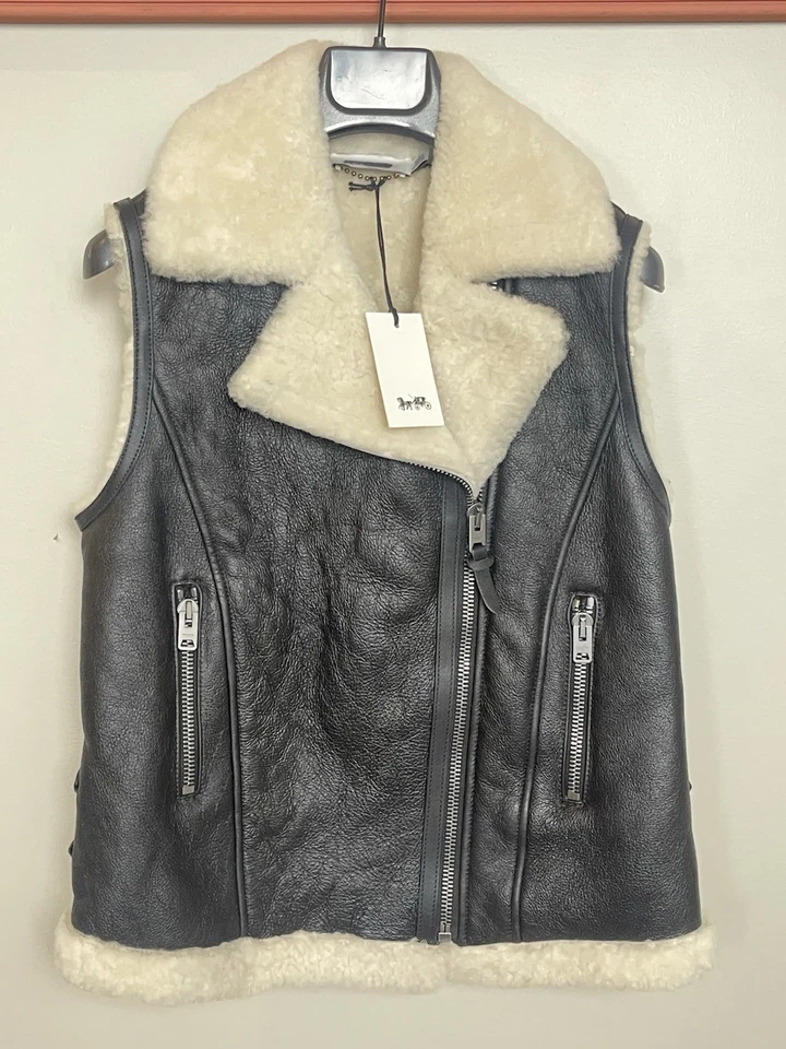 Coach Black Leather Shearling Fur Moto Vest Sz 2 38466 Gothcore