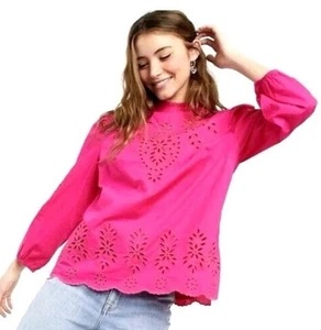 NEW J. Crew XS Hot Pink Mockneck Cotton poplin eyelet blouse Tunic Top Shirt - Picture 1 of 9