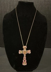 RARE Alice Caviness Iridescent  Pink & Green Cabochons Rhinestone Cross Brooch - Picture 1 of 11