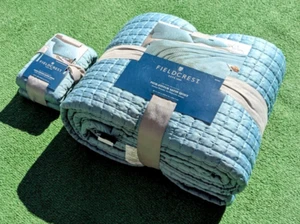 Aqua Fieldcrest The Patel Collection Pick-Stitch Quilt Queen+Satin Sham NWT - Picture 1 of 9
