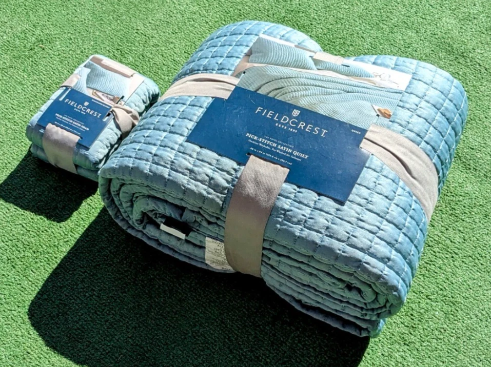 Aqua Fieldcrest The Patel Collection Pick-Stitch Quilt Queen+Satin Sham NWT - Image 1 of 4