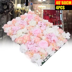 Panel de pared de flores de seda artificial rosa 4 piezas decoración de lugar de boda fiesta telón de fondo - Imagen 1 de 9