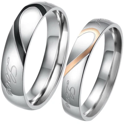 Couples Love Heart Puzzle Matching Stainless Steel Wedding Band Engagement Ring - Image 1 of 4