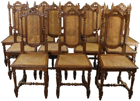 ANTIQUE DINING CHAIRS CHAIR HUNTING RENAISSANCE SET 12 OAK CANE RATTAN Cover