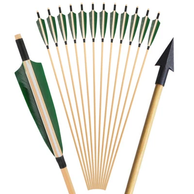 32" Archery Wooden Arrows Hunting Arrowheads 5" Feather Recurve Bow Longbow - Image 1 of 4