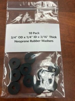 10 Pack Neoprene Rubber Washer 3/4" OD x 1/4" ID x 3/16" Thick