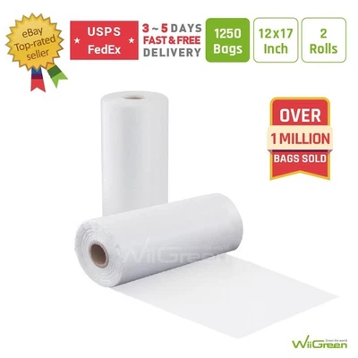 1250 Bolsas 2 Rollos Plástico HDPE Producir Frutas Verduras Alimentos Bolsas de Almacenamiento 12 x 17 Foto 1 de 4