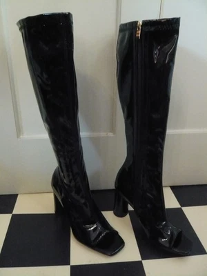 Lack-Stiefel Gr.41/42 Unisex Peeptoe Drag Zipper Stiefelette Blockabsatz schwarz - Bild 1 von 4