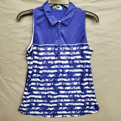 PGA Tour golf Womens Tank top Size M Blue Floral Stripes Sleeveless Button - Image 1 of 4