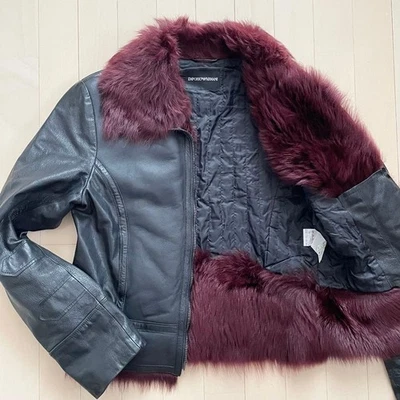 EMPORIO ARMANI leather jacket with fur black and burgundy size 50 Vintage Men's - Image 1 of 4