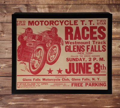 1950s AMA Motorcycle TT Race Framed Poster! Glens Falls New York 11X14 Racing  - image 1 of 4