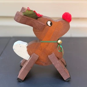 Vintage Wooden Folk Art Rudolph Reindeer Christmas Decor Handmade 9” Rustic - Picture 1 of 13