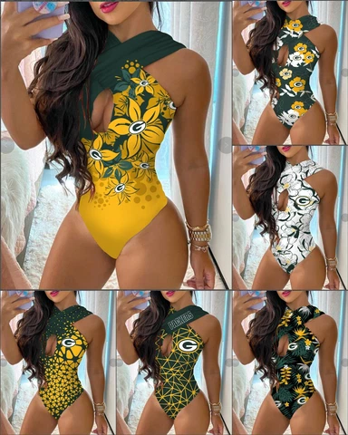 Green Bay Packers Womens One Piece Swimsuit Beach Cutout Halter Bathing Suit Cover