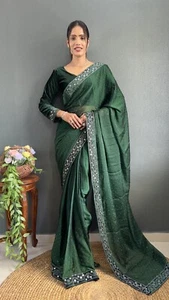Bollywood Designer Party Wear Saree for women RealMirror Work Ready to wear sari - Picture 1 of 9