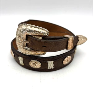 Vintage 90s 3-D 603 Brown Leather Floral Concho Rose Gold Belt 28 USA Made - Picture 1 of 15