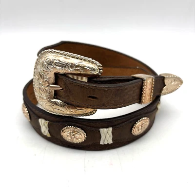 Vintage 90s 3-D 603 Brown Leather Floral Concho Rose Gold Belt 28 USA Made - Image 1 of 4