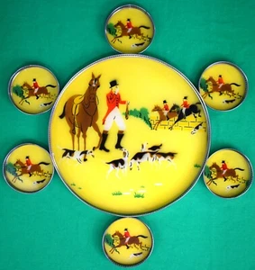 "Juego de bandeja de vidrio Fox-Hunt Scene Eglomise c1950 con 6 posavasos"" (Stock nuevo/Antiguo) - Imagen 1 de 5