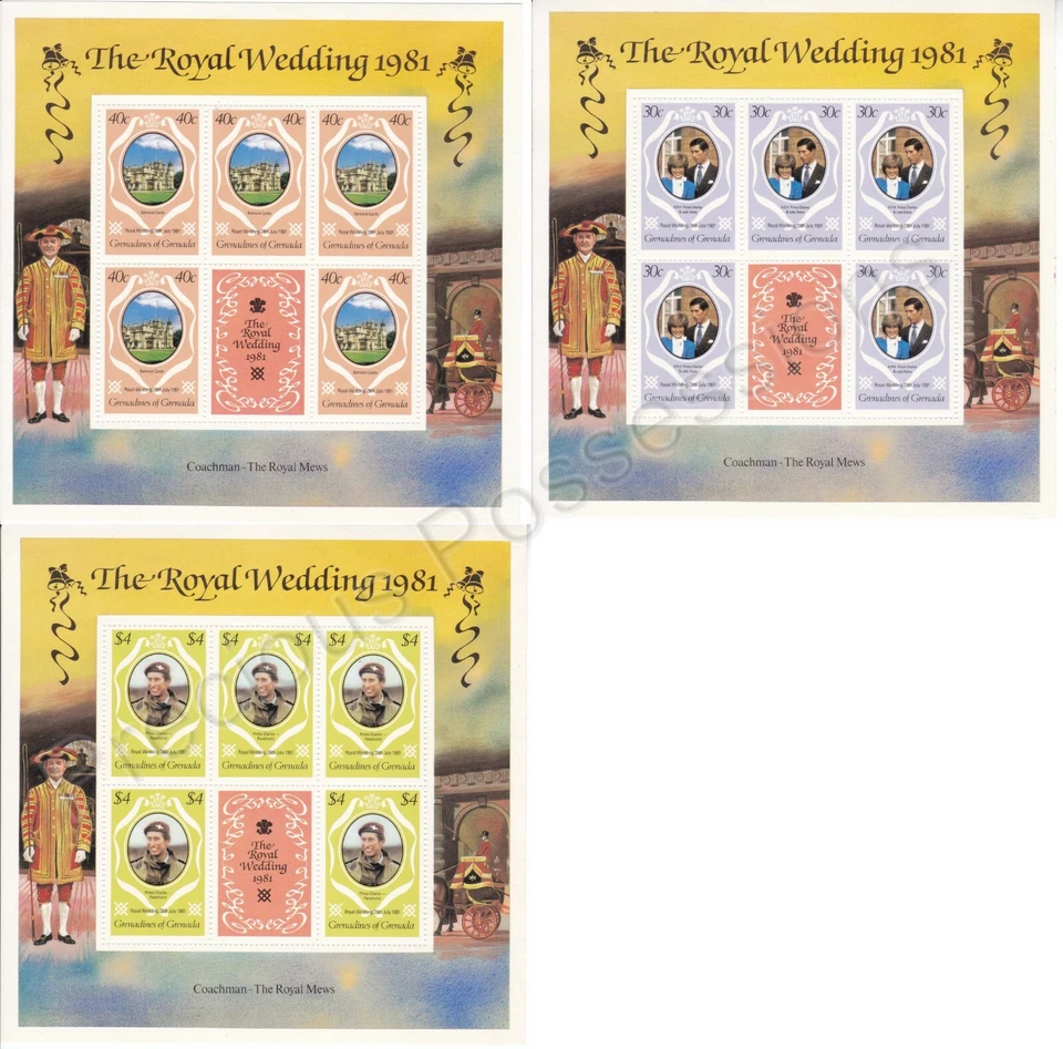 Hojas de estampillas grandes 1981 boda real Carlos y Diana MNH Granada Granadinas Foto 1 de 1