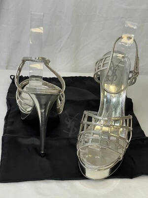 Yves Saint Laurent Rive Gauche Icónica Plata Jaula Plataforma Sandalia Tacones Talla 39 Foto 1 de 4
