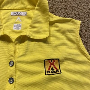 VTG Antigua Golf Sleeveless Polo KOA Campground Camping Women L Yellow Camp EUC - Picture 1 of 9