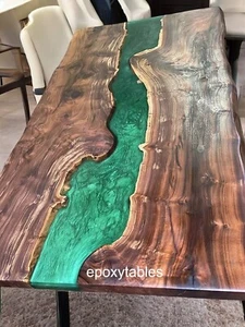 Green Epoxy Resin Center Sofa Dining Top Table Live Edge Wood Handmade Furniture - Picture 1 of 11