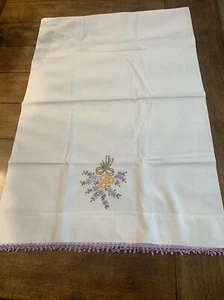 Vintage, Hand Embroidered Standard Size Pillowcase Purple Flower - Picture 1 of 4