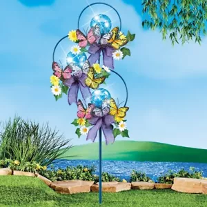 Solar Lighted Triple Crackled Glass Gazing Ball Floral Butterfly Garden Stake - Picture 1 of 1